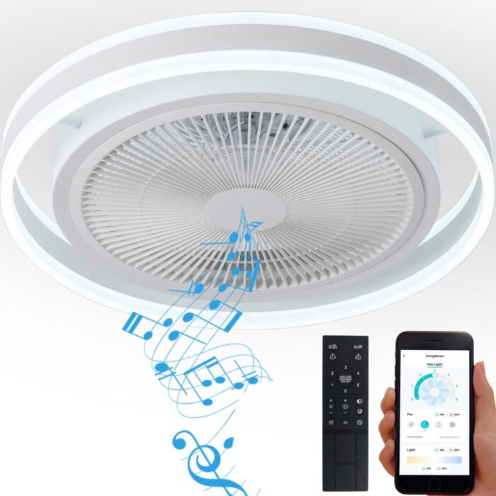 IoTPenguin Flush Mount Ceiling Fan with Light and Bluetooth Speaker